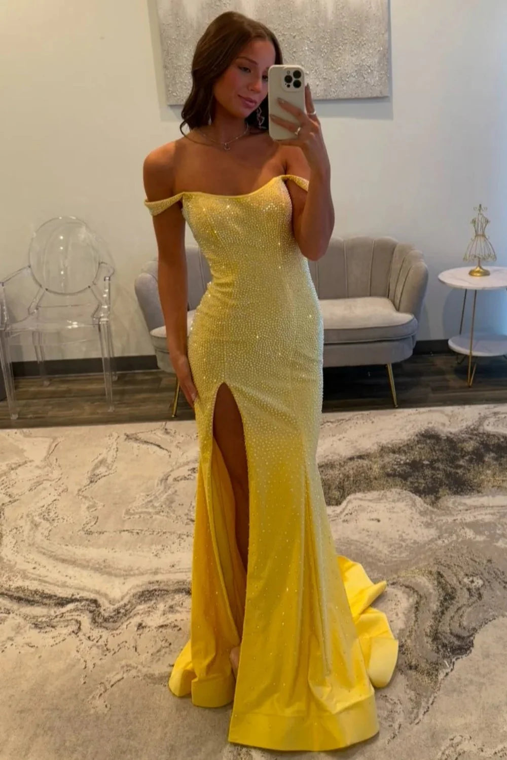 Sparkling Yellow Off The Shoulder Long Beaded Formal Prom Dress With Leg Slit AD257