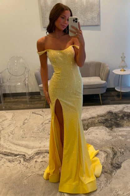 Sparkling Yellow Off The Shoulder Long Beaded Formal Prom Dress With Leg Slit AD257