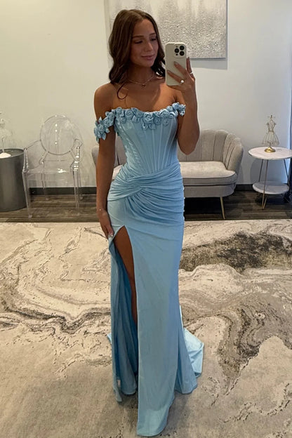 Elegant Light Blue 3D Roses Off The Shoulder Ruched Satin Prom Dress With Slit AD258
