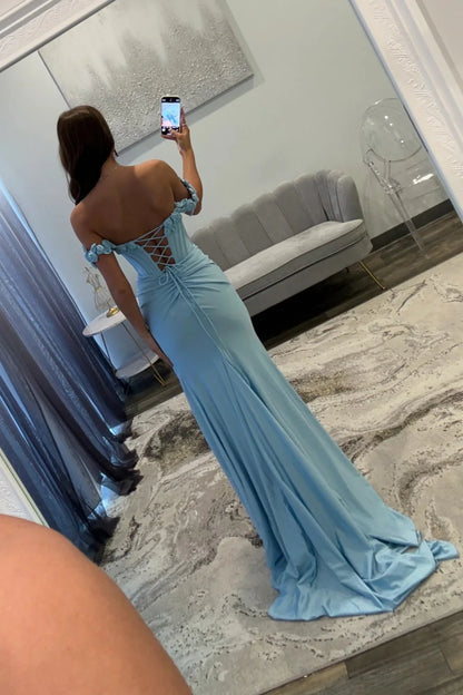 Elegant Light Blue 3D Roses Off The Shoulder Ruched Satin Prom Dress With Slit AD258