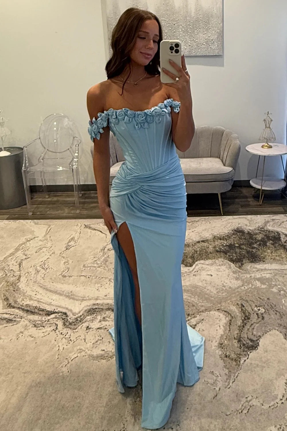 Elegant Light Blue 3D Roses Off The Shoulder Ruched Satin Prom Dress With Slit AD258