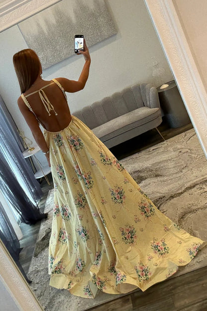 Chic Yellow Floral Square Pearls Trim Neck Prom Dress With Open Back AD259