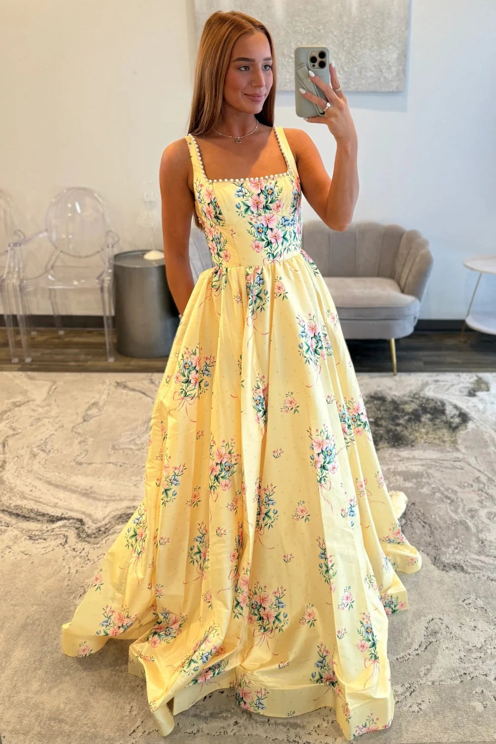 Chic Yellow Floral Square Pearls Trim Neck Prom Dress With Open Back AD259