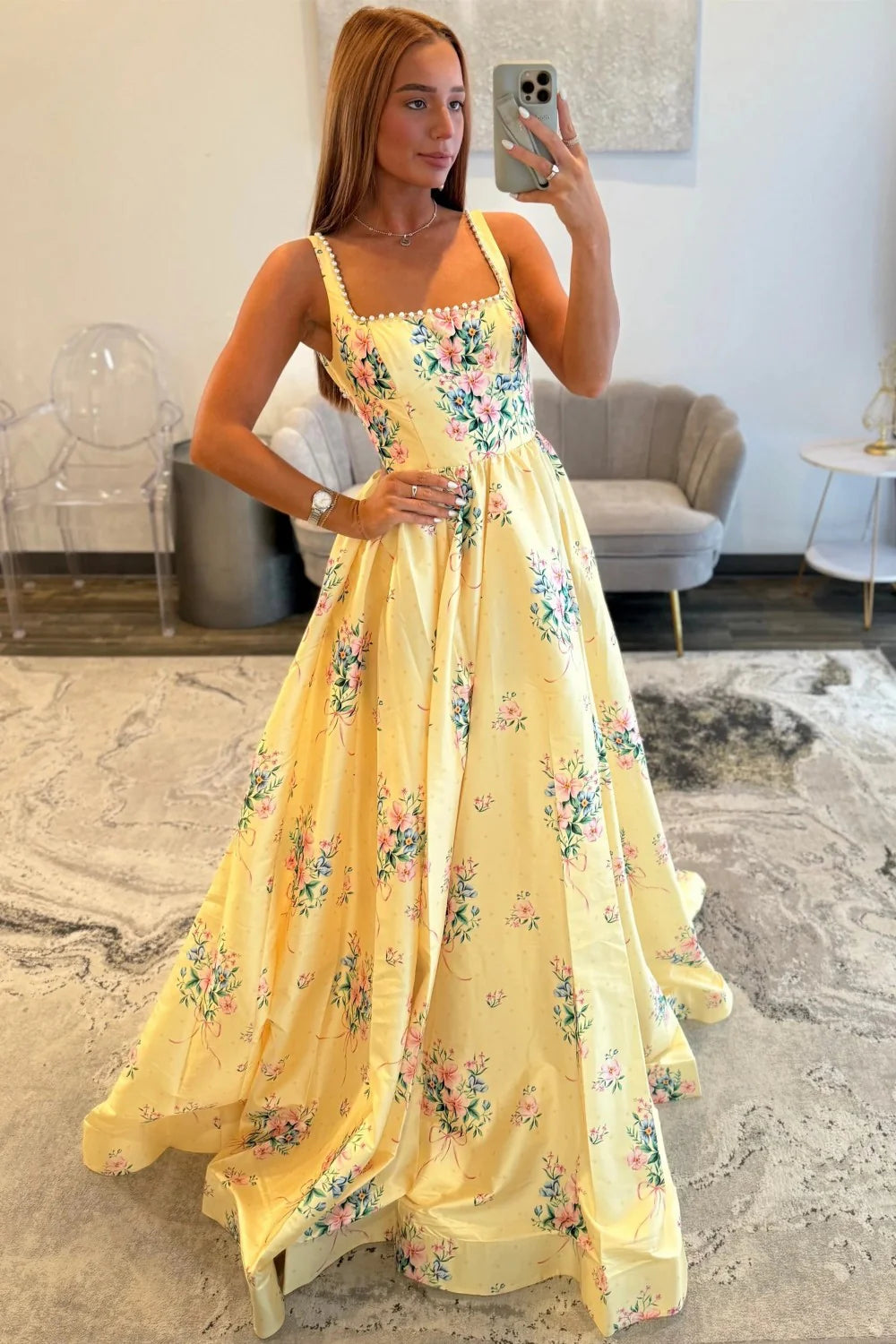 Chic Yellow Floral Square Pearls Trim Neck Prom Dress With Open Back AD259