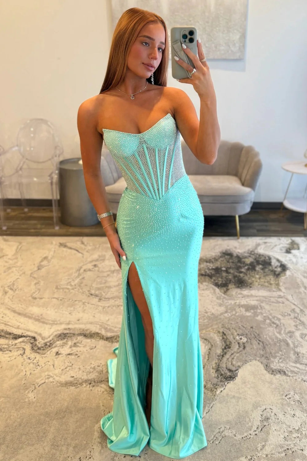Stunning Glitter Mint Green Strapless Beaded Corset Style Prom Gown With High Slit AD260