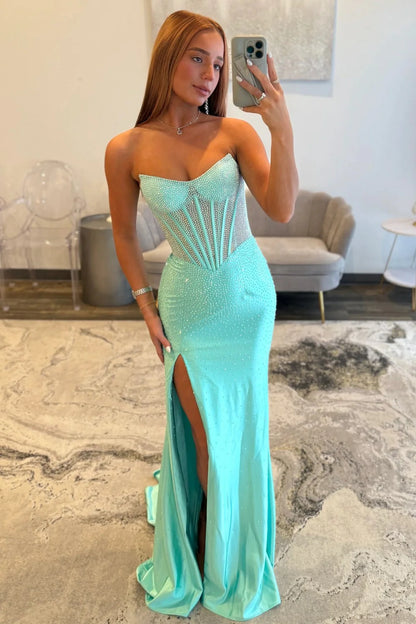 Stunning Glitter Mint Green Strapless Beaded Corset Style Prom Gown With High Slit AD260