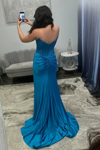 Stunning Glitter Mint Green Strapless Beaded Corset Style Prom Gown With High Slit AD260