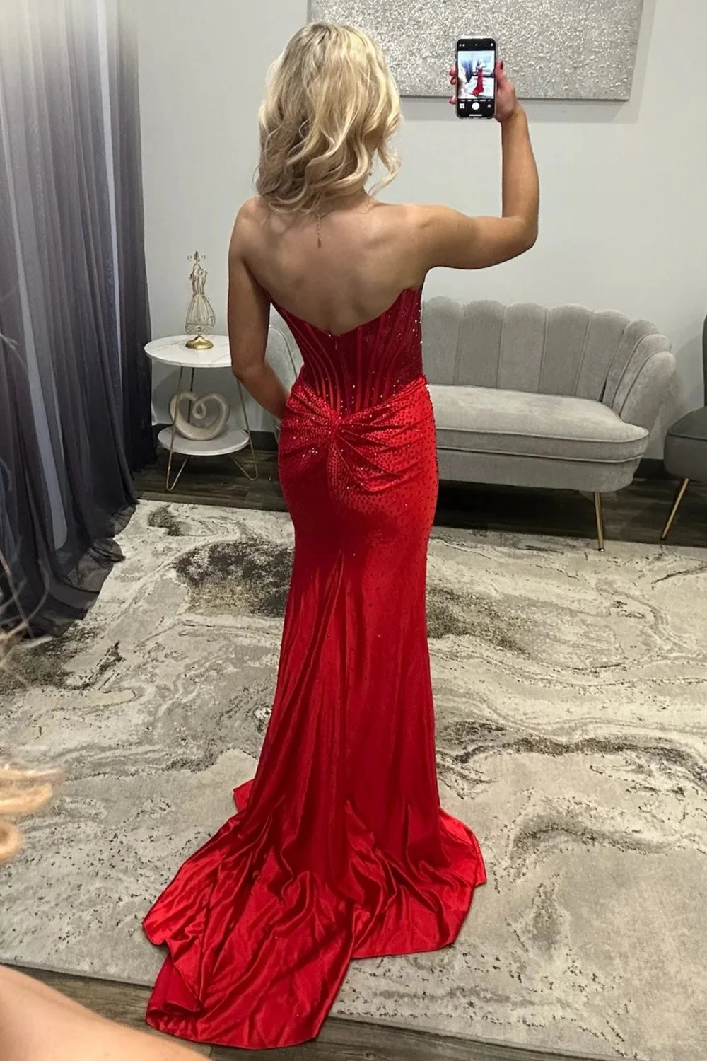 Stunning Glitter Mint Green Strapless Beaded Corset Style Prom Gown With High Slit AD260