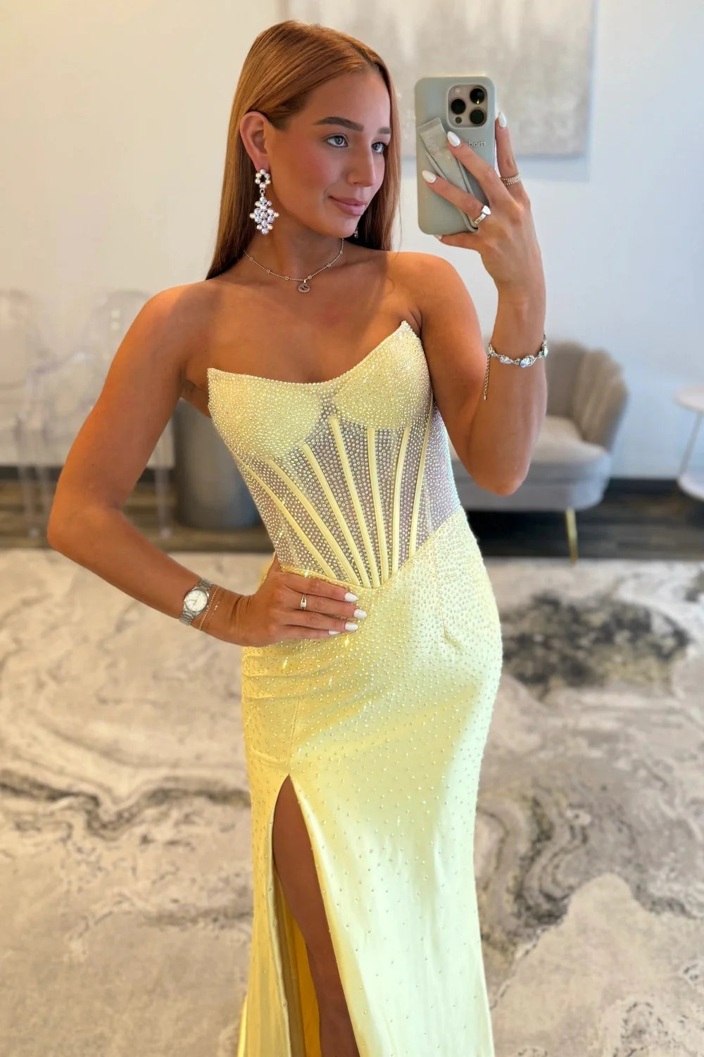 Stunning Glitter Mint Green Strapless Beaded Corset Style Prom Gown With High Slit AD260