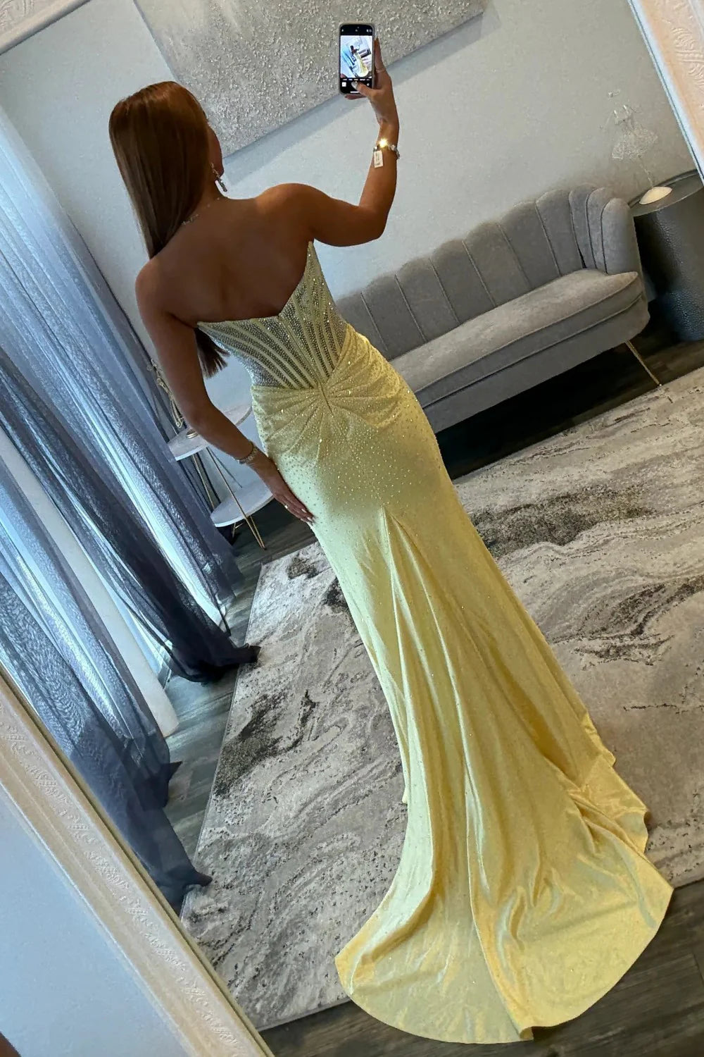 Stunning Glitter Mint Green Strapless Beaded Corset Style Prom Gown With High Slit AD260
