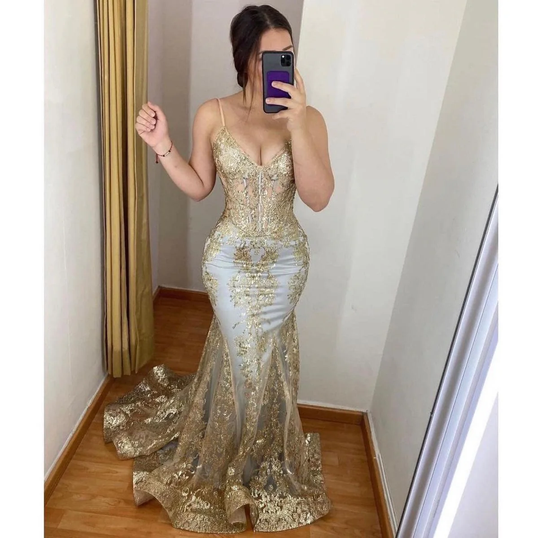 Elegant Metallic-Lace Long Mermaid Spaghetti Straps V-Neck Prom Dress With Sheer Corset Bodice And Train AD261
