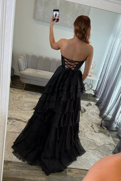 Chic Black Sweetheart Lace Up Corset Prom Gown With Ruffle Skirt AD262