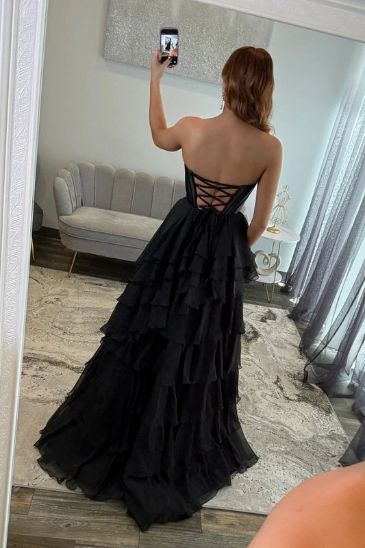 Chic Black Sweetheart Lace Up Corset Prom Gown With Ruffle Skirt AD262