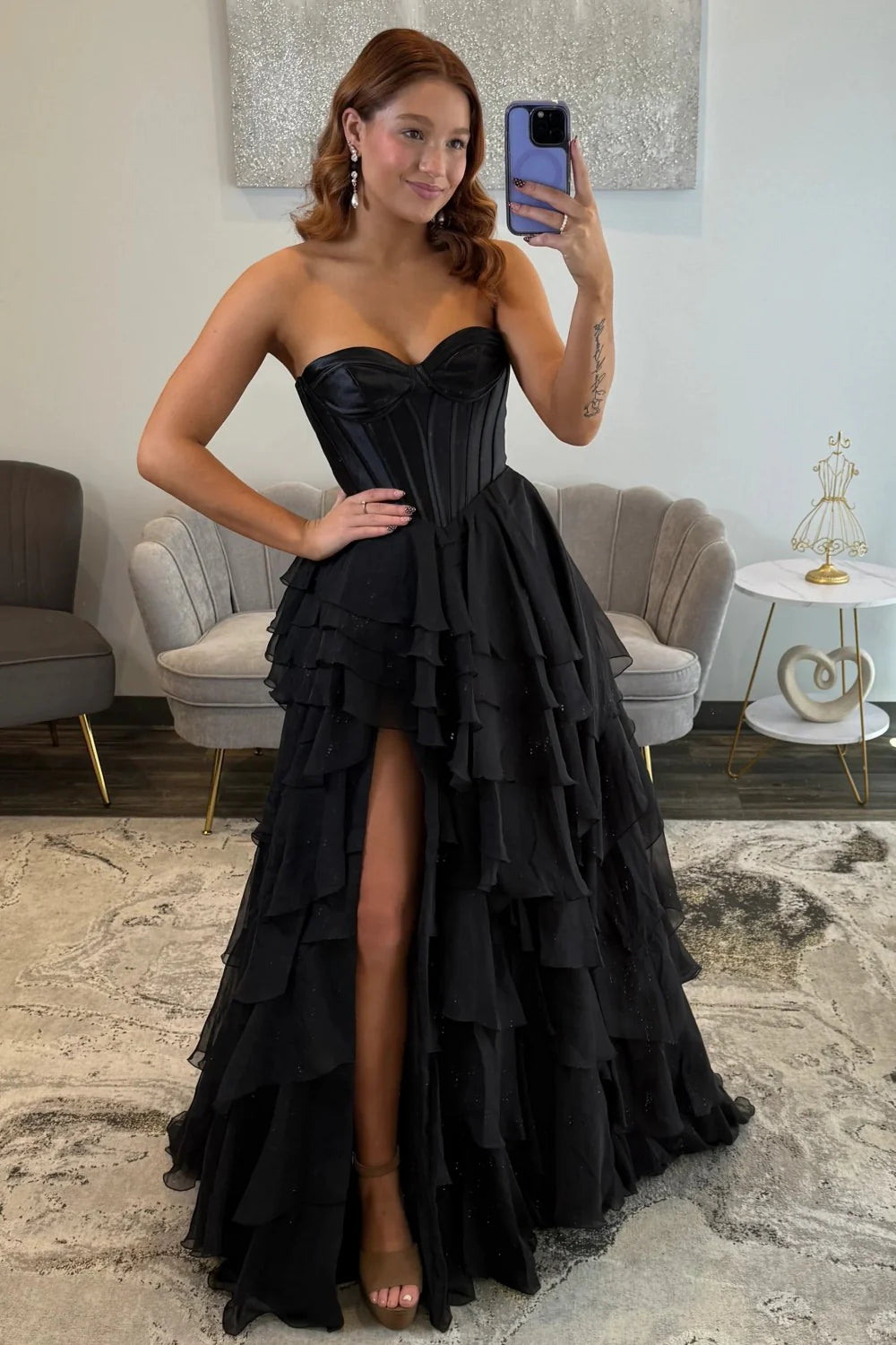 Chic Black Sweetheart Lace Up Corset Prom Gown With Ruffle Skirt AD262