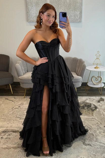 Chic Black Sweetheart Lace Up Corset Prom Gown With Ruffle Skirt AD262