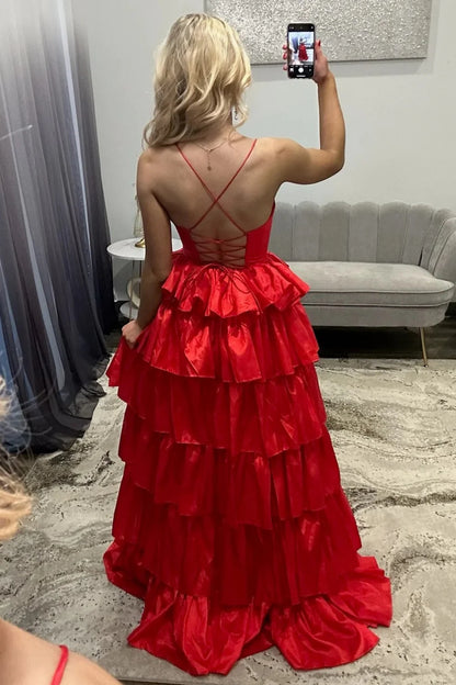 Romantic Red Tiered Spaghetti Straps Ruffle Satin Prom Dress With Slit AD263