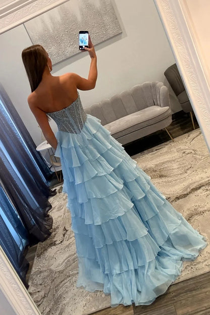 Sparkly Light Blue Sweetheart Corset Prom Dress With Tiered Ruffles And High Slit AD264