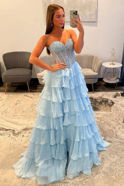 Sparkly Light Blue Sweetheart Corset Prom Dress With Tiered Ruffles And High Slit AD264