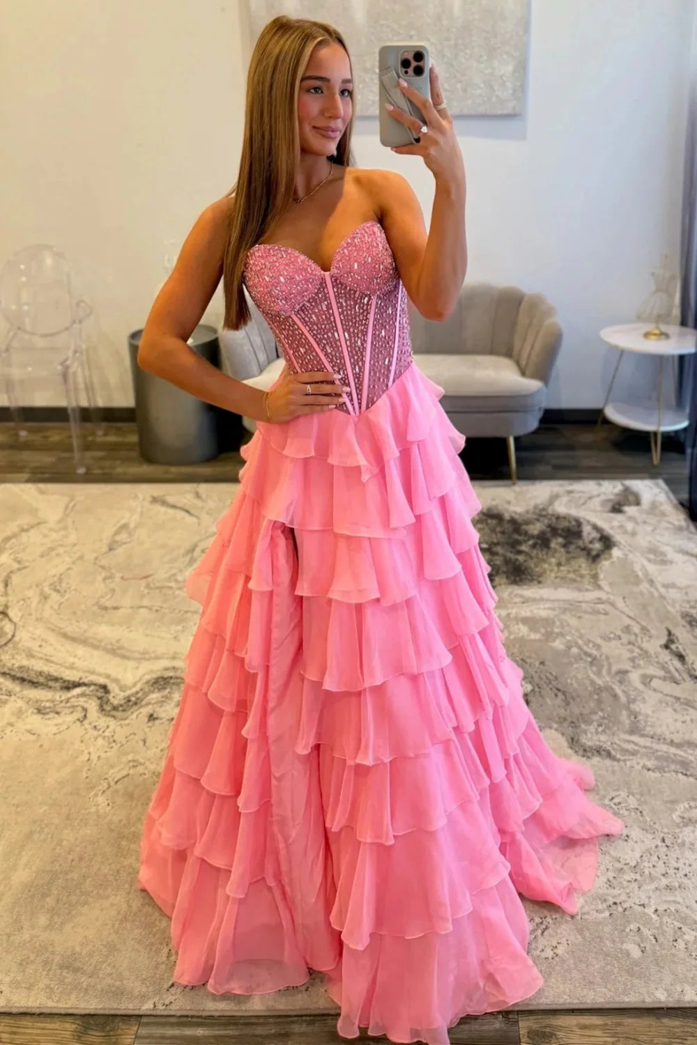 Sparkly Light Blue Sweetheart Corset Prom Dress With Tiered Ruffles And High Slit AD264