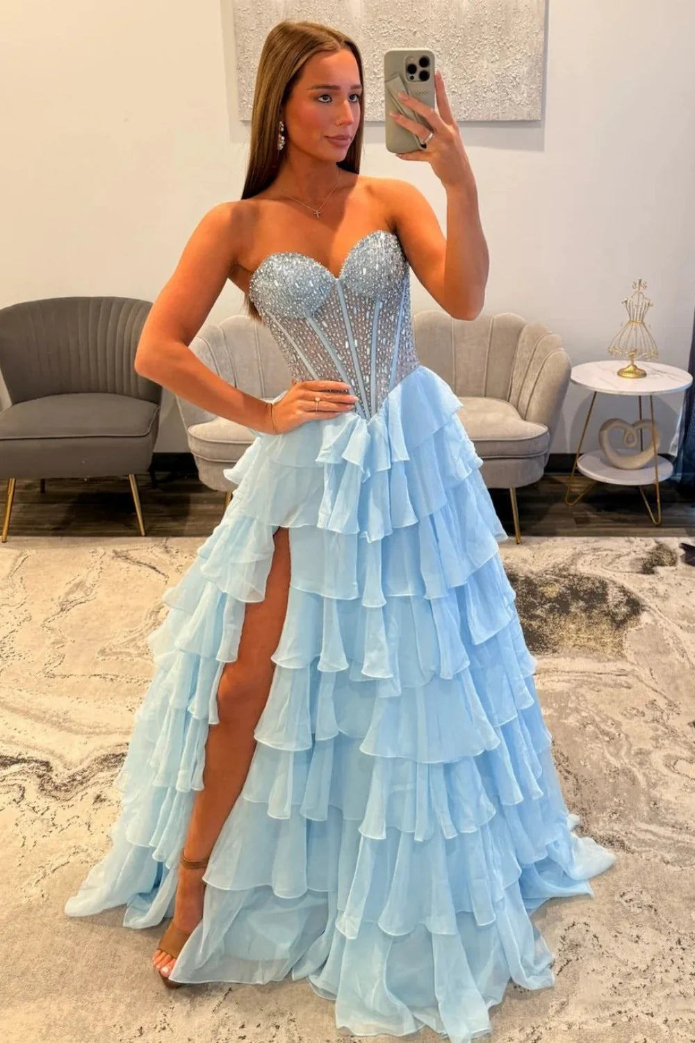 Sparkly Light Blue Sweetheart Corset Prom Dress With Tiered Ruffles And High Slit AD264