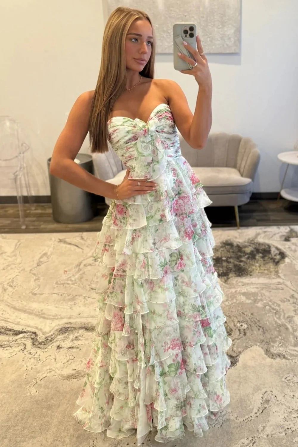 Romantic A-Line Floral Print Sweetheart Ruffle Chiffon Prom Gown With Slit AD265