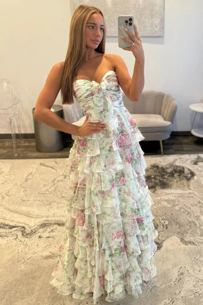 Romantic A-Line Floral Print Sweetheart Ruffle Chiffon Prom Gown With Slit AD265