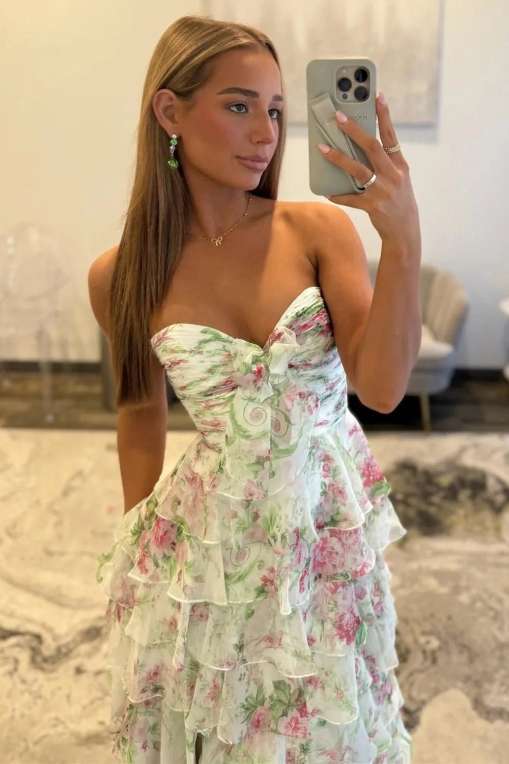 Romantic A-Line Floral Print Sweetheart Ruffle Chiffon Prom Gown With Slit AD265