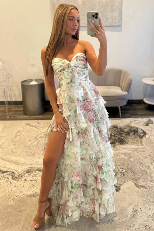 Romantic A-Line Floral Print Sweetheart Ruffle Chiffon Prom Gown With Slit AD265