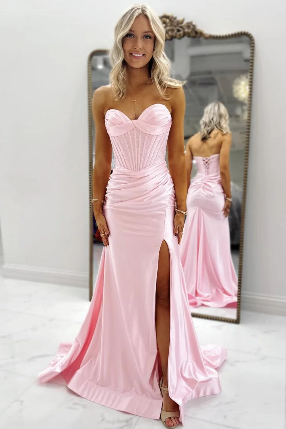 Blush Pink Satin Sweetheart Prom Dress With Corset Bodice And Side Slit AD266