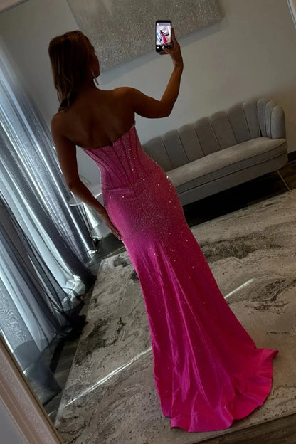 Sparkly Mermaid Strapless Hot Pink Long Prom Dress With Beading Split Front AD267