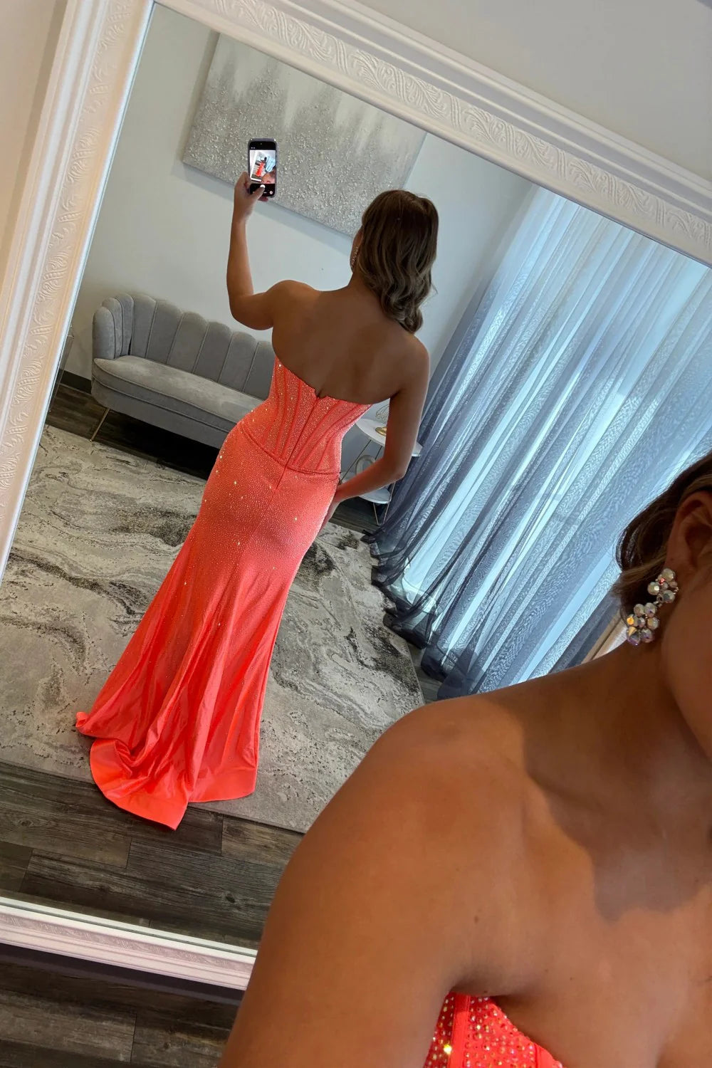 Sparkly Mermaid Strapless Hot Pink Long Prom Dress With Beading Split Front AD267