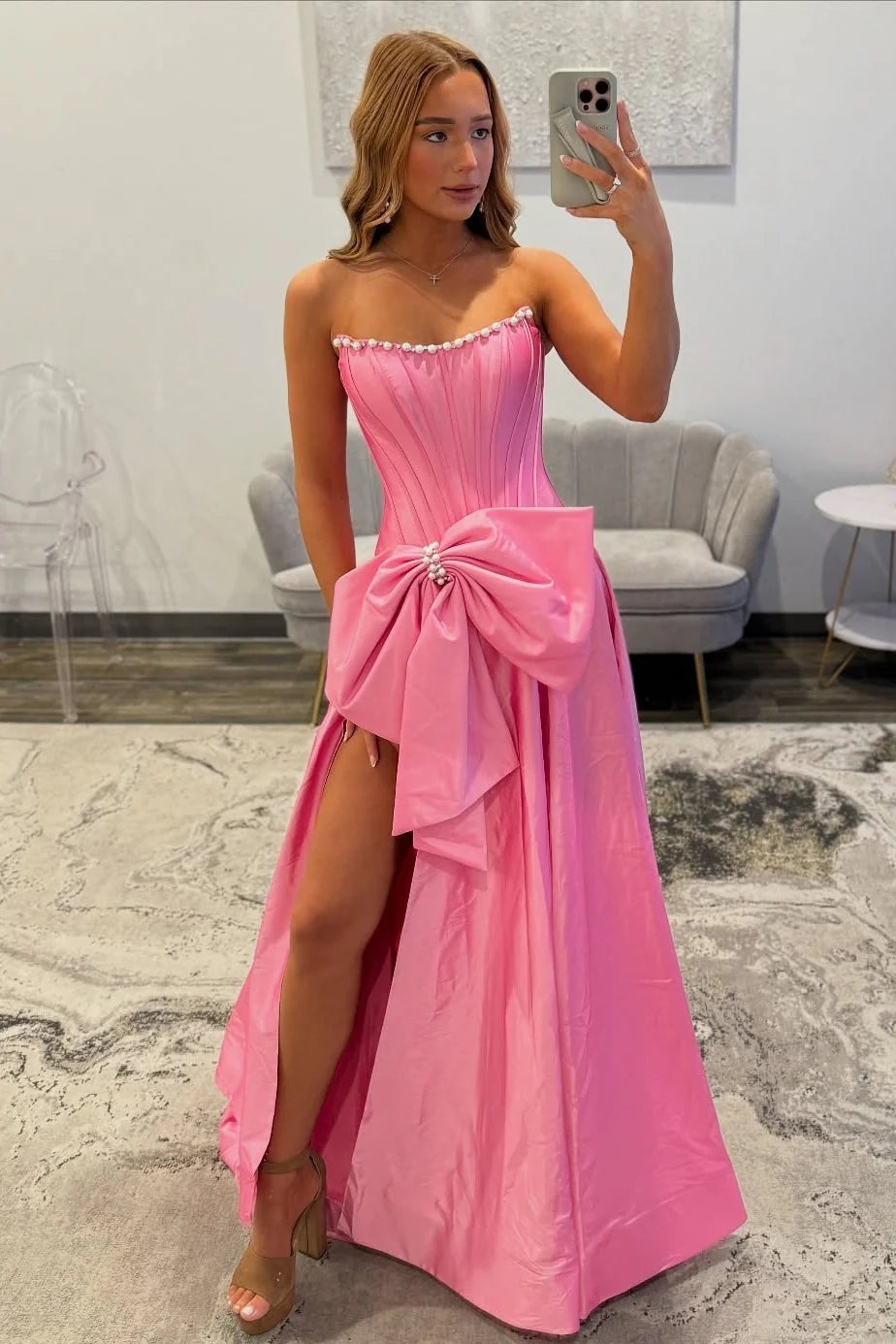 Sweety A Line Strapless Black Long Prom Dress with Bowknot And Pearls AD268