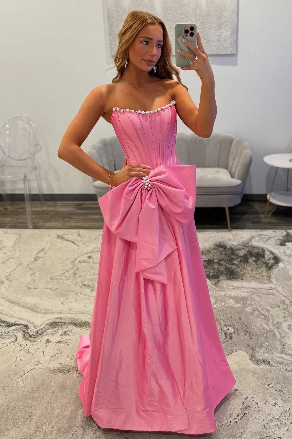 Sweety A Line Strapless Black Long Prom Dress with Bowknot And Pearls AD268