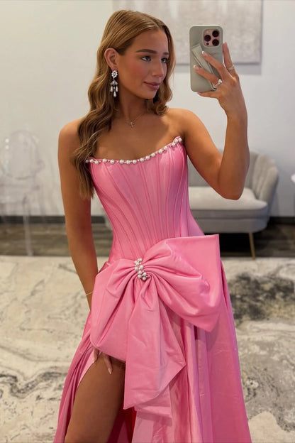 Sweety A Line Strapless Black Long Prom Dress with Bowknot And Pearls AD268