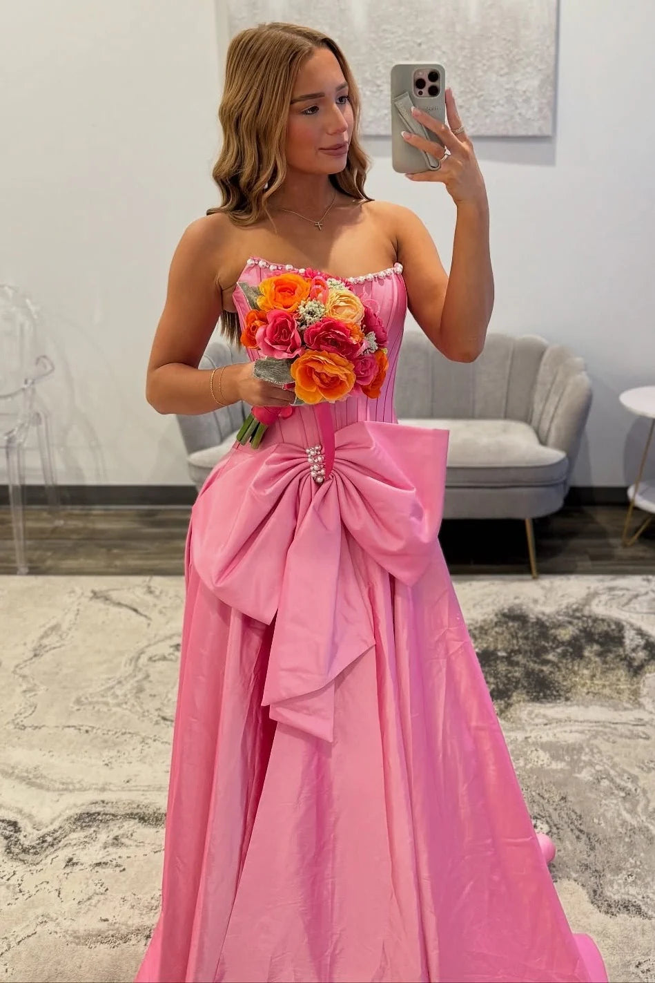 Sweety A Line Strapless Black Long Prom Dress with Bowknot And Pearls AD268