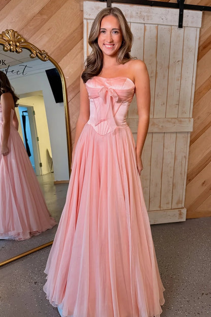 Sweety A Line Sweetheart Pink Corset Prom Dress With Bowknot Ruffles AD269