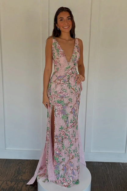 Sweety Mermaid V Neck Pink Long Prom Dress With Emboridery Bowknot AD271