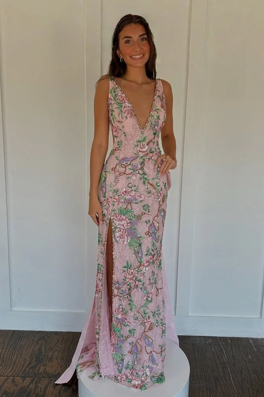 Sweety Mermaid V Neck Pink Long Prom Dress With Emboridery Bowknot AD271