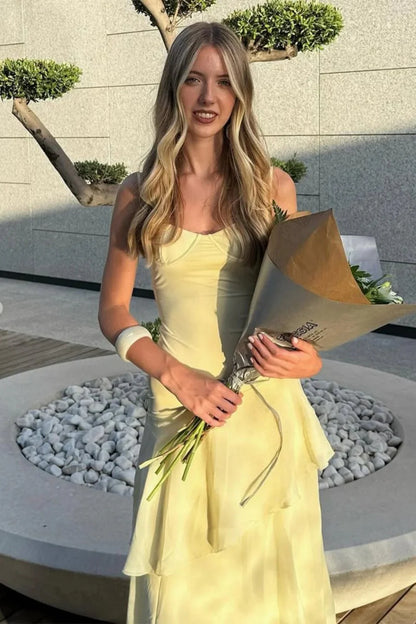 Charming Spaghetti Straps Yellow Long Prom Dress with Ruffles AD272