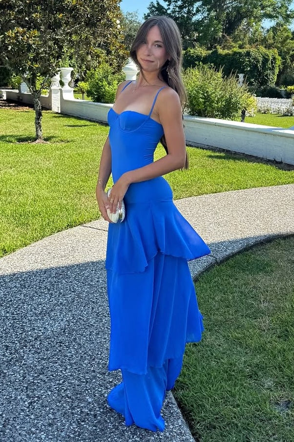 Charming Spaghetti Straps Yellow Long Prom Dress with Ruffles AD272