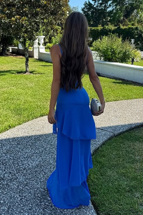 Charming Spaghetti Straps Yellow Long Prom Dress with Ruffles AD272