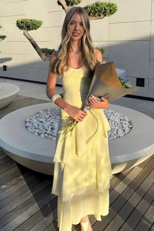 Charming Spaghetti Straps Yellow Long Prom Dress with Ruffles AD272