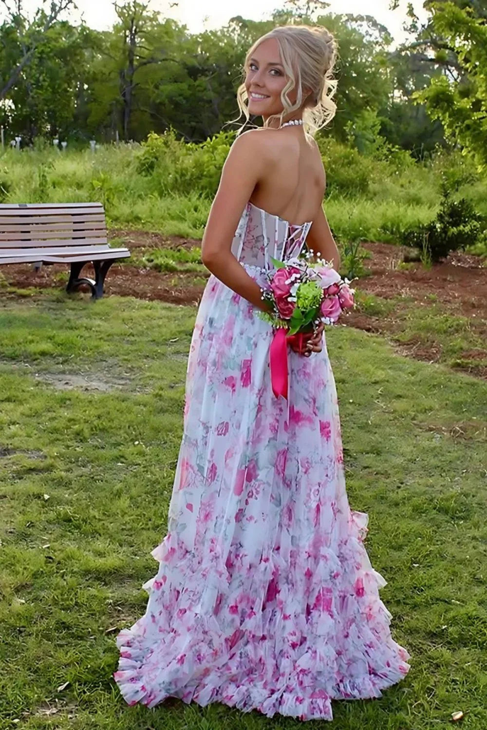 Gorgeous A Line Halter Neck Pink Floral Printed Corset Prom Dress With Ruffles AD273