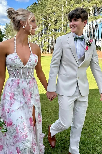 Gorgeous A Line Halter Neck Pink Floral Printed Corset Prom Dress With Ruffles AD273