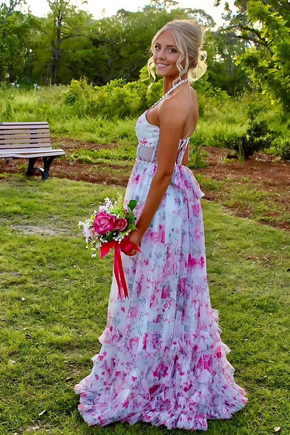 Gorgeous A Line Halter Neck Pink Floral Printed Corset Prom Dress With Ruffles AD273