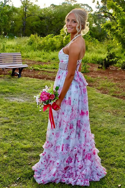 Gorgeous A Line Halter Neck Pink Floral Printed Corset Prom Dress With Ruffles AD273