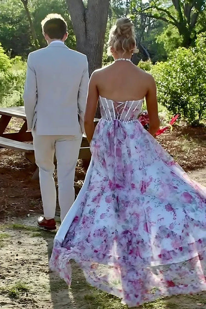 Gorgeous A Line Halter Neck Pink Floral Printed Corset Prom Dress With Ruffles AD273