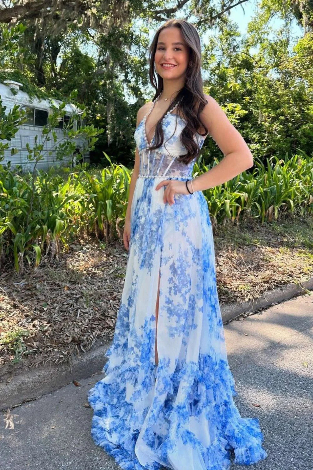 Gorgeous A Line Halter Neck Pink Floral Printed Corset Prom Dress With Ruffles AD273
