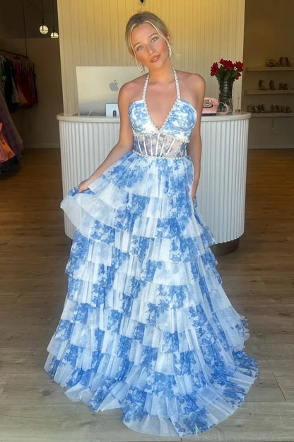 Gorgeous A Line Halter Neck Pink Floral Printed Corset Prom Dress With Ruffles AD273