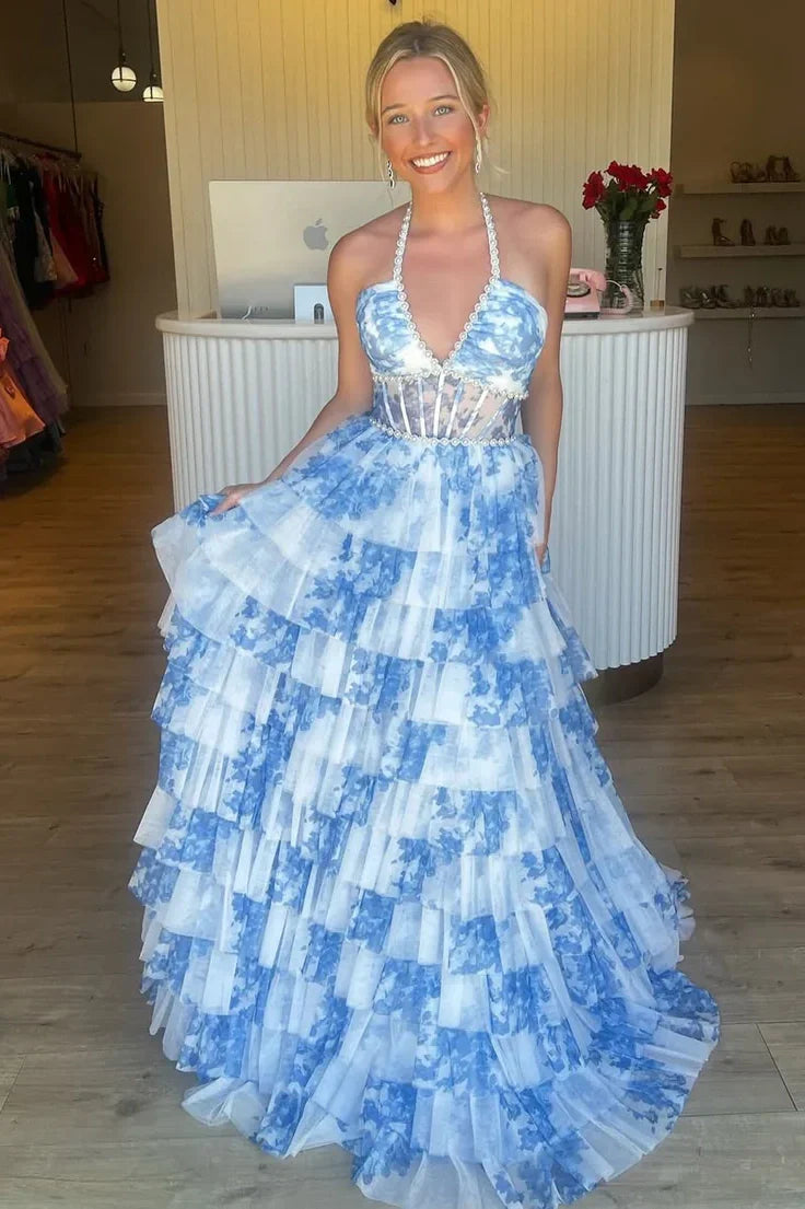 Gorgeous A Line Halter Neck Pink Floral Printed Corset Prom Dress With Ruffles AD273